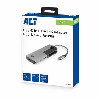 ACT AC7021 USB-C naar HDMI female adapter met PD Pass-Through, 4K, USB-A , USB-C port, kaartlezer