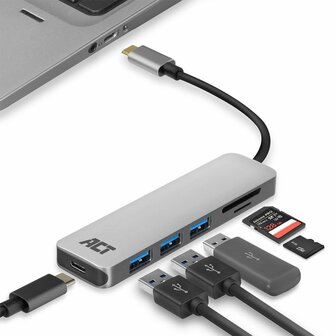 ACT AC7050 3-Poorts USB-C 3.2 Gen1 (USB 3.0) Hub met kaartlezer en PD Pass-Through poort