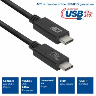 ACT AC7451 | USB4 Gen 3x2 Kabel | USB-C naar USB-C | 0.8m | Zwart