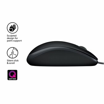 Logitech B110 Silent | Bekabelde Muis | Links- en Rechtshandig | USB-A | 800 DPI | Zwart
