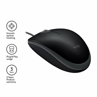 Logitech B110 Silent | Bekabelde Muis | Links- en Rechtshandig | USB-A | 800 DPI | Zwart