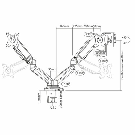 ACT AC8312 | Verstelbare Monitor-bureaubeugel | Tot 32" | Max 9kg | VESA 100x100 | 2 Monitoren