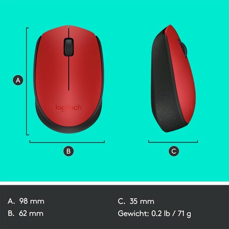 Logitech M171 | Draadloze Muis | Links- en Rechtshandig | RF | 1000 DPI | Rood/Zwart