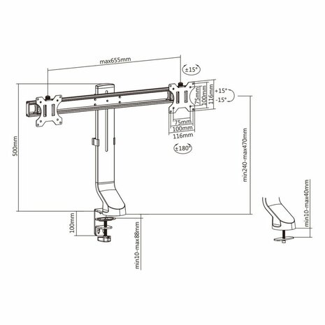 ACT AC8332 | In Hoogte Verstelbare Monitor-bureaubeugel | Tot 27" | Max 7kg | VESA 100x100 | 2 Monitoren