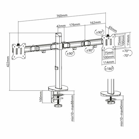 ACT AC8336 | Verstelbare Monitor-bureaubeugel | Tot 32" | Max 9kg | VESA 100x100 | 2 Monitoren