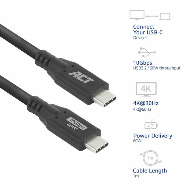 ACT | USB 3.0 Kabel | 10Gbps | 60W | USB-C naar USB-C | 1m | Zwart