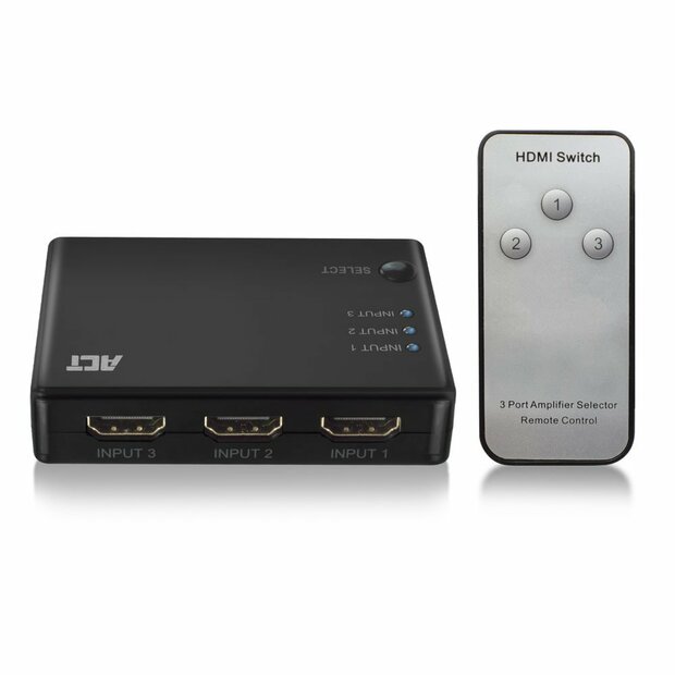 ACT AC7845 HDMI Switch | 3 Ingangen | 1 Uitgang | 4K @ 30Hz | Inclusief Afstandsbediening