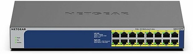 GS516PP-100EUS | 16-poorts Gigabit Unmanaged PoE+ Switch | 260W PoE-vermogen | Plug-and-play
