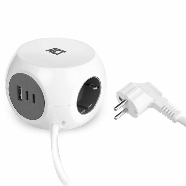 ACT Stekkerdoos Kubus | 3 Stopcontacten | USB-A &amp; USB-C | 30W | 1,5 m | Wit