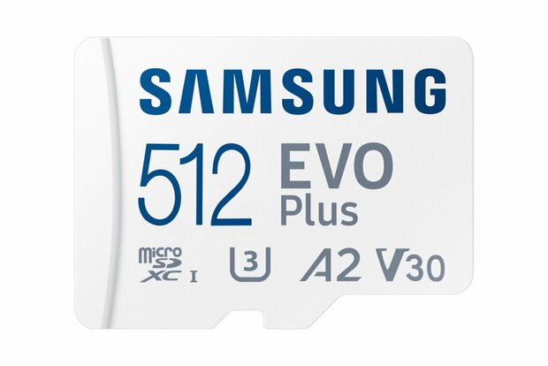 Samsung EVO Plus | MicroSDXC | 512GB | Class 10 | UHS-I U3 | V30 | A2 | Tot 160MB/s | Inclusief adapter