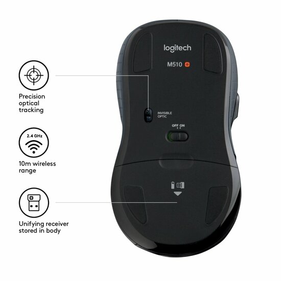 Logitech M510 | Draadloze Muis | Links- en Rechtshandig | RF | 1000 DPI | Zwart | Returned
