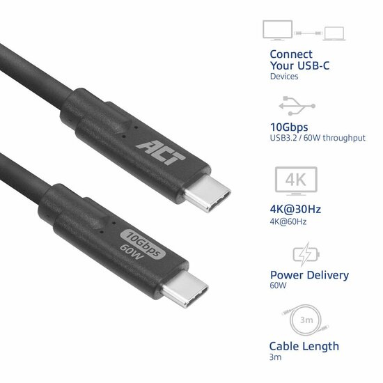 ACT AC7443 | USB 3.2 Kabel | 10Gbps | 60W | USB-C naar USB-C | 3m | Zwart