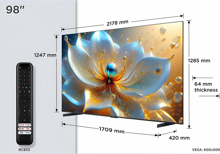 TCL 98T8C 98&rdquo; | Grote 4K QLED Smart TV | Supersnel 144Hz &amp; Dolby Vision | Google TV + WiFi