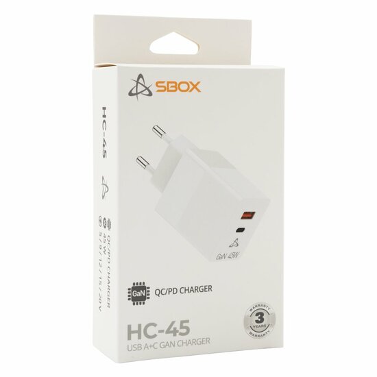 SBOX USB Oplader HC-45 | 45W | USB-A &amp; USB-C (2 Poorten) | Wit