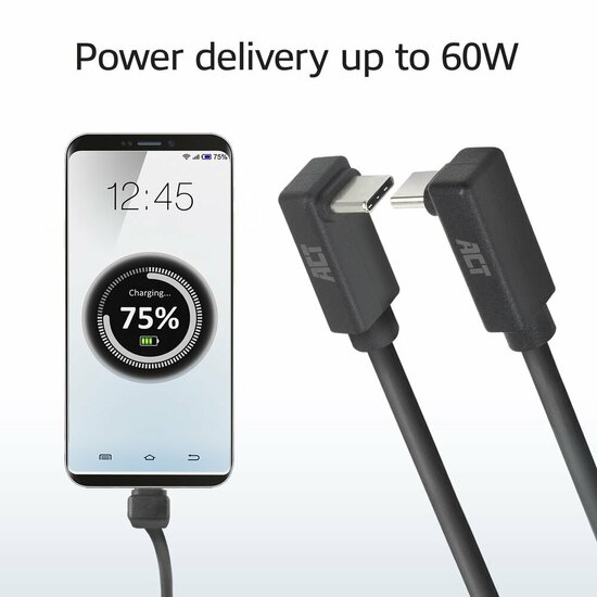 ACT AC7476 | USB 3.2 Gen 2 Kabel | USB-C (haaks boven/beneden) naar USB-C (haaks boven/beneden) | 60W | 10Gbps | 0,5m | Zwart