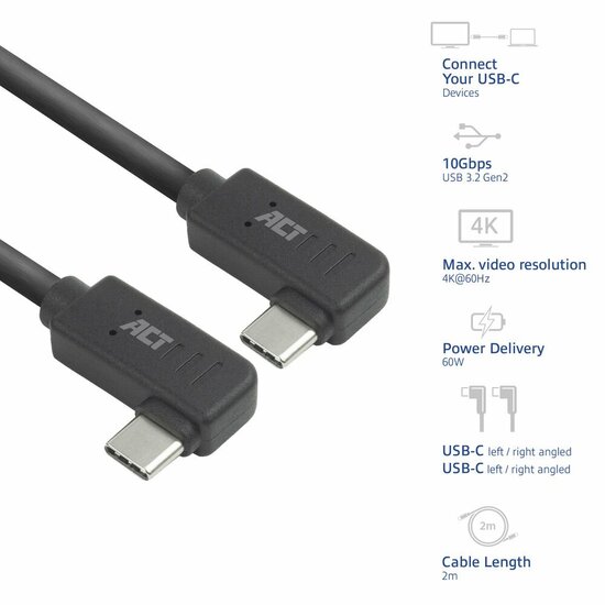 ACT AC7488 | USB 3.2 Gen 2 Kabel | USB-C (haaks links/rechts) naar USB-C (haaks links/rechts) | 60W | 10Gbps | 2m | Zwart