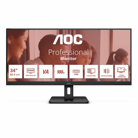 AOC U34E2M 34" | UWQHD 3440x1440 | VA | 100Hz | 4ms | Ultrawide Monitor | Zwart