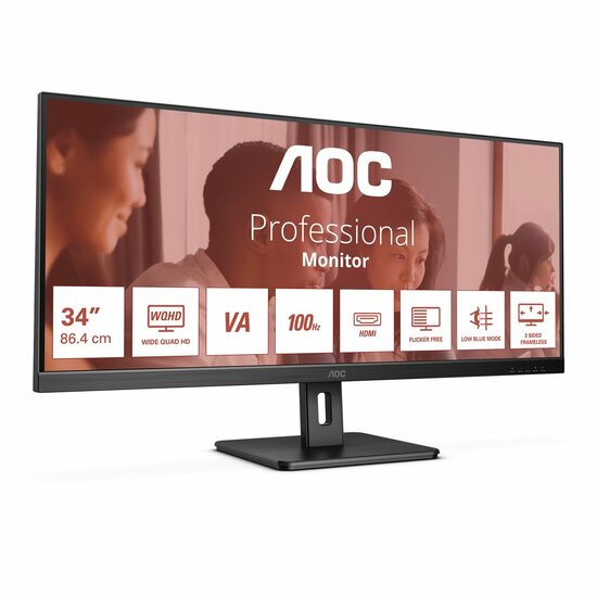 AOC U34E2M 34" | UWQHD 3440x1440 | VA | 100Hz | 4ms | Ultrawide Monitor | Zwart