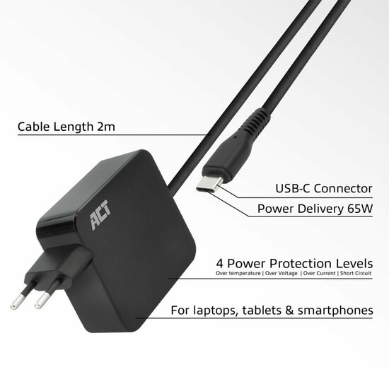 ACT AC2010 | Universele USB-C Notebook Lader | 65 Watt PDP | 2 Meter