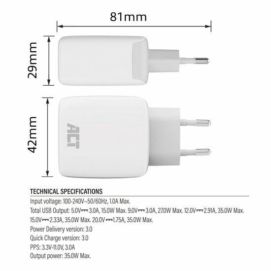 ACT AC2135 | USB-C Lader 35W | Power Delivery PPS &amp; GaNFast