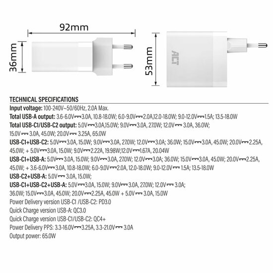 ACT AC2170 USB-C/USB-A Lader | 3-Poorts met PPS, QuickCharge &amp; GaNFast | 65W