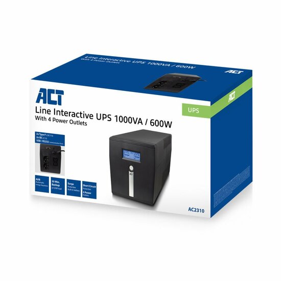 ACT Line-Interactive UPS AC2310 | 1000 VA Vermogen | 4 Uitgangen | Spanningstabilisatie met AVR | Beveiliging bij Netstoringen