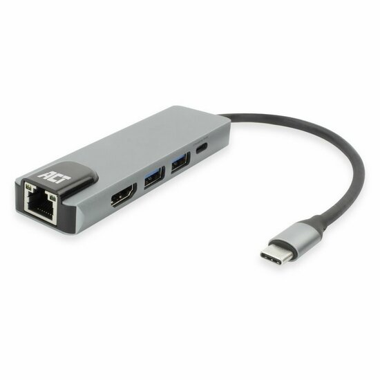 ACT AC7091 | USB-C 4K Docking Station | HDMI 2.0 (4K@60 Hz) + Gigabit Ethernet + 2&times; USB-A + USB-C PD Pass-Through | Aluminium | Grijs/Zilver