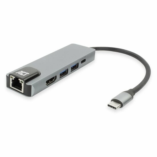 ACT AC7091 | USB-C 4K Docking Station | HDMI 2.0 (4K@60 Hz) + Gigabit Ethernet + 2&times; USB-A + USB-C PD Pass-Through | Aluminium | Grijs/Zilver