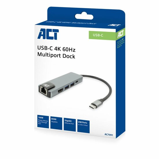ACT AC7091 | USB-C 4K Docking Station | HDMI 2.0 (4K@60 Hz) + Gigabit Ethernet + 2&times; USB-A + USB-C PD Pass-Through | Aluminium | Grijs/Zilver