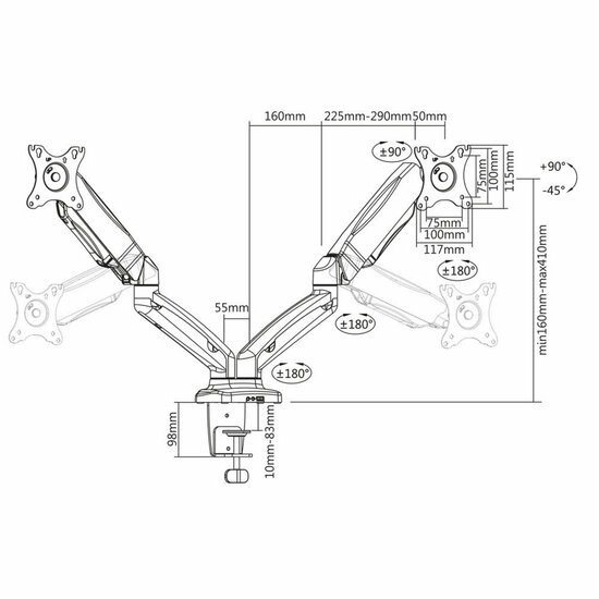 ACT AC8312 | Verstelbare Monitor-bureaubeugel | Tot 32" | Max 9kg | VESA 100x100 | 2 Monitoren