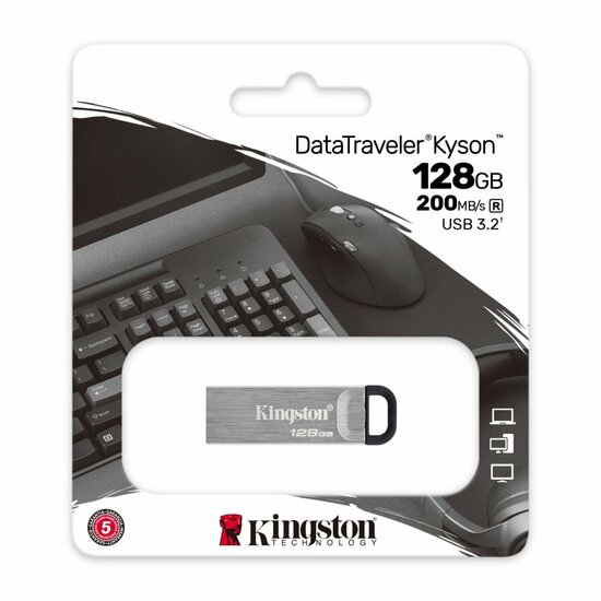 Kingston DataTraveler Kyson | 128GB USB-A 3.2 Flash Drive | tot 200 MB/s lezen | tot 60 MB/s schrijven | Zilver