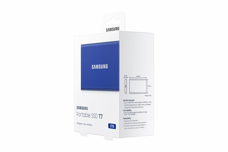 Samsung T7 | Externe SSD | 2TB | USB 3.2 Gen2 | 1.050MB/s Lezen | 1.000MB/s Schrijven | Blauw