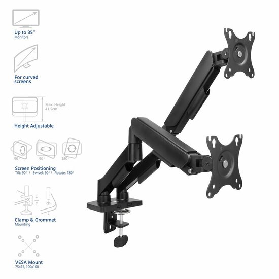 ACT AC8314 Monitorarm Essentials | Verstelbare Monitor-bureaubeugel | Tot 35" | Max 2x 9 kg | VESA 75x75 / 100x100 | 2 Monitoren | Gasveer