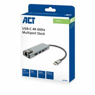 ACT AC7091 | USB-C 4K Docking Station | HDMI 2.0 (4K@60 Hz) + Gigabit Ethernet + 2&times; USB-A + USB-C PD Pass-Through | Aluminium | Grijs/Zilver