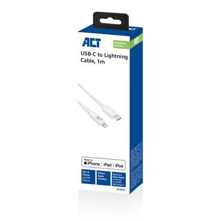 ACT AC3014 Lightning-kabel 1 m Wit