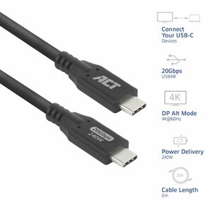 ACT | USB4 Kabel | 20Gbps | 240W | USB-C naar USB-C | 2m | Zwart