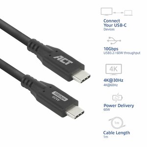 ACT | USB 3.0 Kabel | 10Gbps | 60W | USB-C naar USB-C | 1m | Zwart